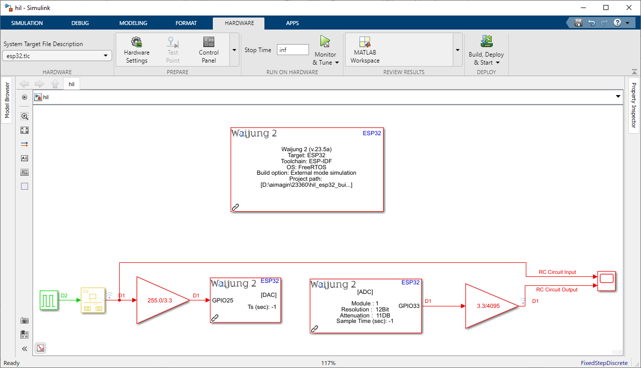 Figure 9: Simulink Hardware-in-the-Loop (HIL) Model of the RC Circuit (Plant Only)