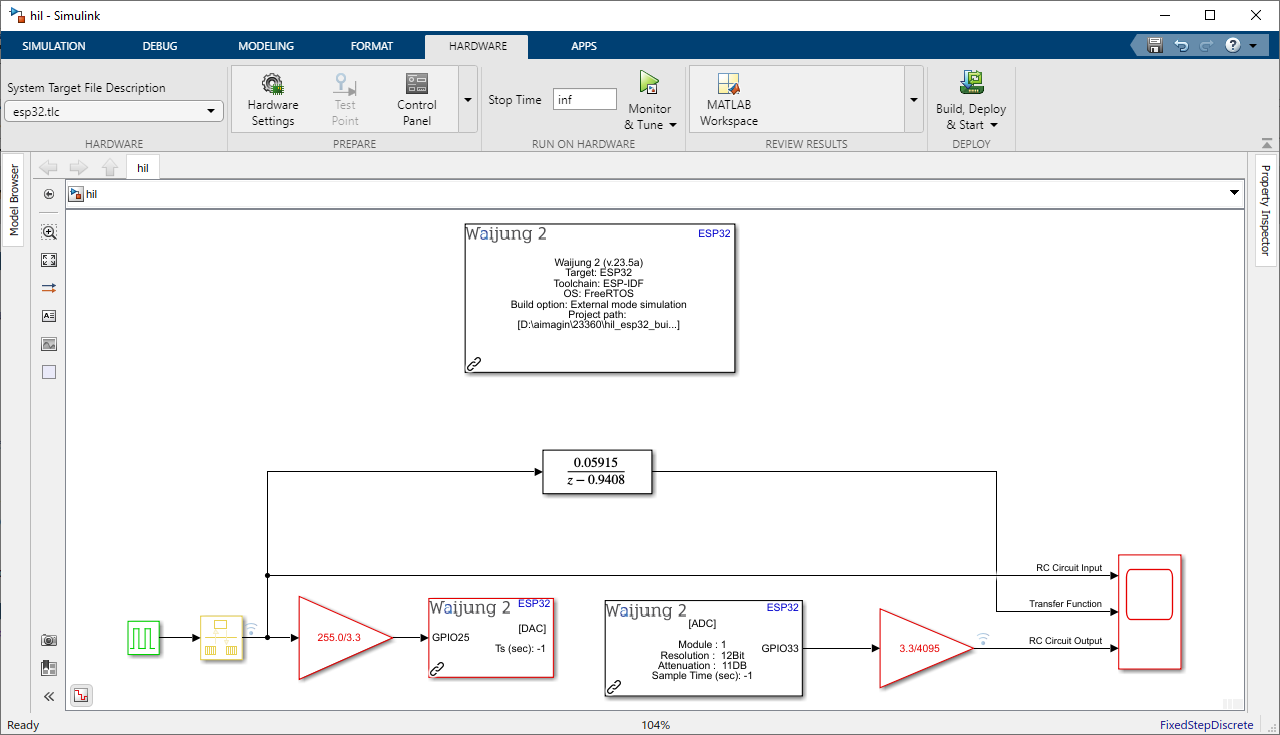 Figure 13: Simulink Hardware-in-the-Loop (HIL) Model Integrating Discrete-time Transfer Function (Simulation) and actual RC Circuit (Plant Only)