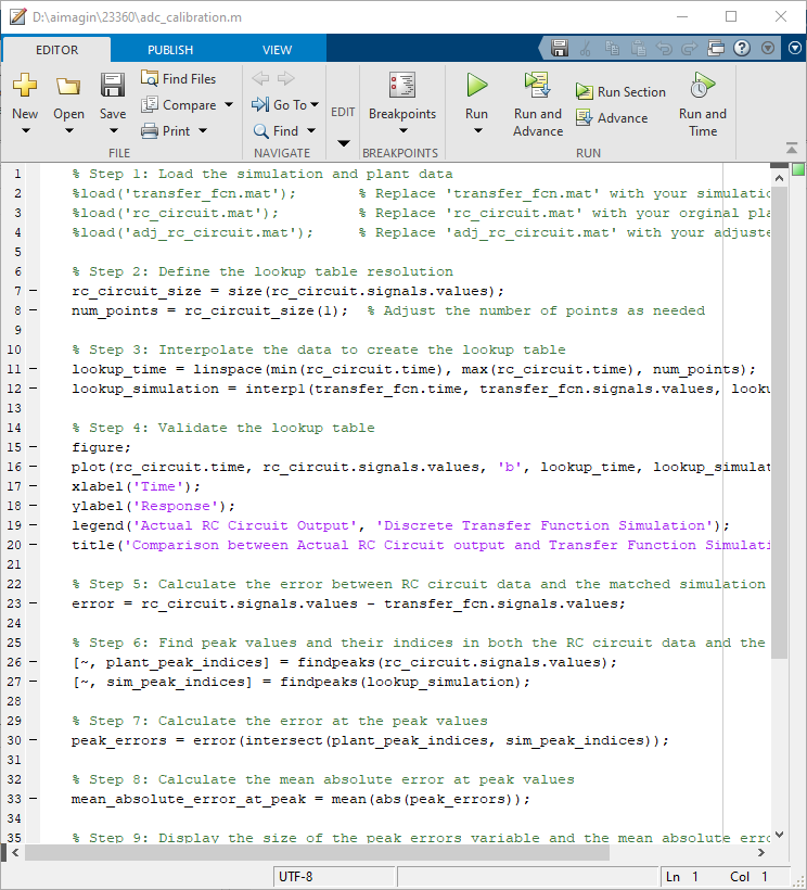 Figure 18: MATLAB Script for Calculating Mean Peak Error to Calibrate ADC Reading