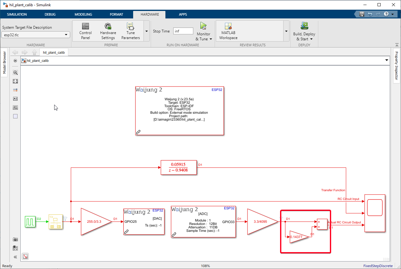 Figure 21: Edited Simulink HIL Model with Incorporated ADC Calibration Values