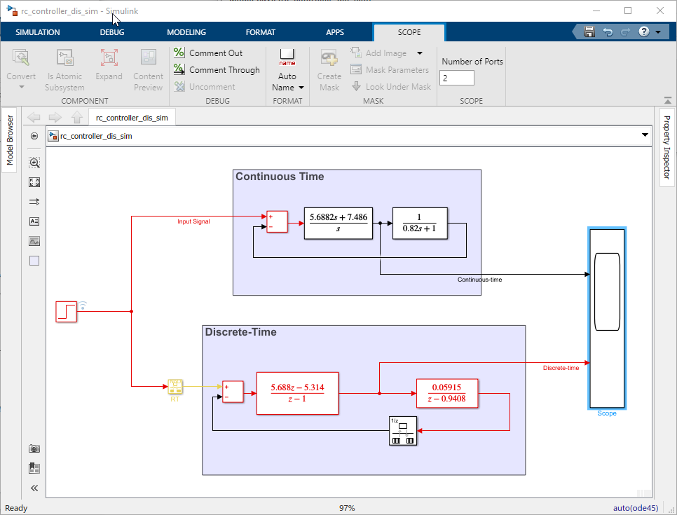 Figure 38: Simulink Model Comparing Continuous-time and Discrete-time Controllers