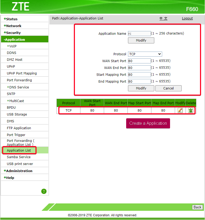 Figure 59: Create application to port forward