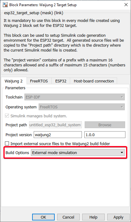 Figure 66:  Select External mode simulation as Build Option