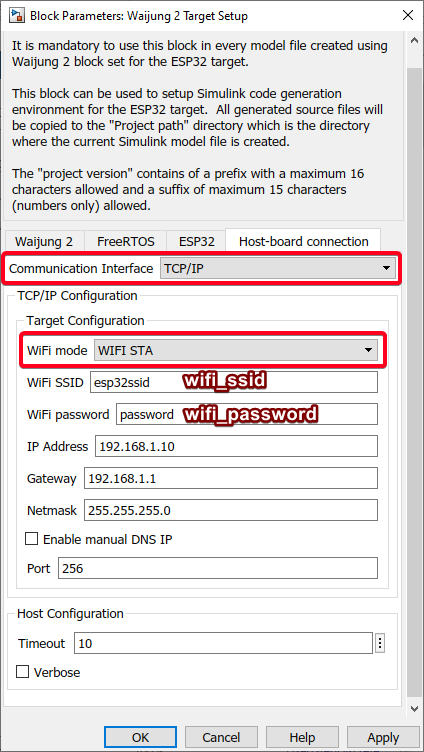 Figure 69:  Configure Host-board connection with WIFI STA mode