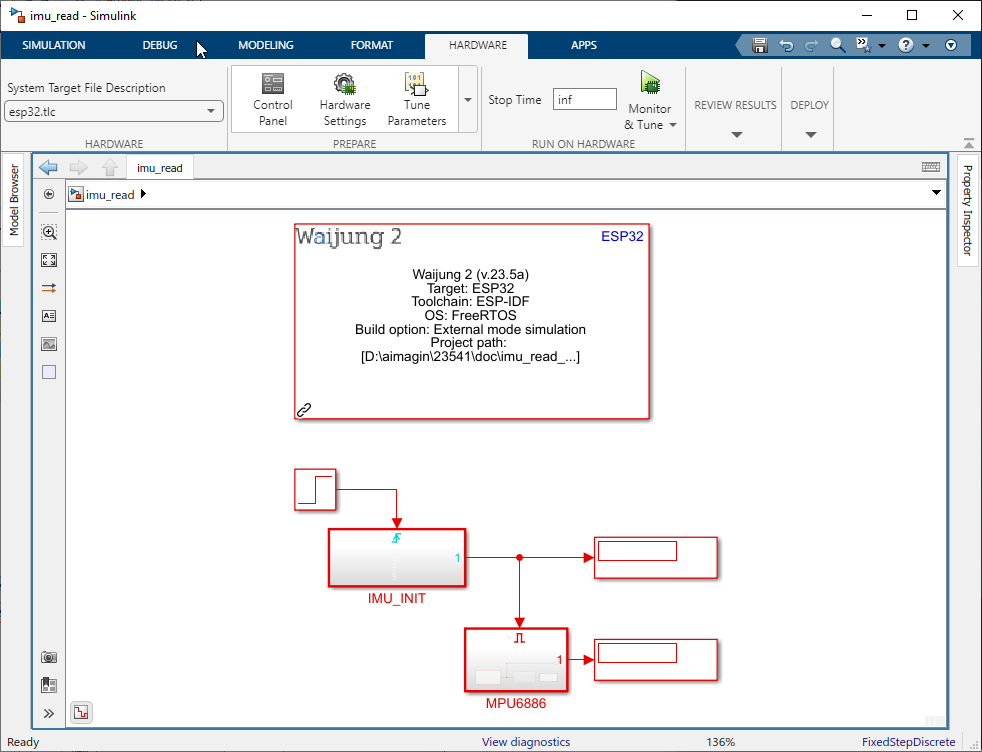 Figure 82:  Simulink Model for reading IMU