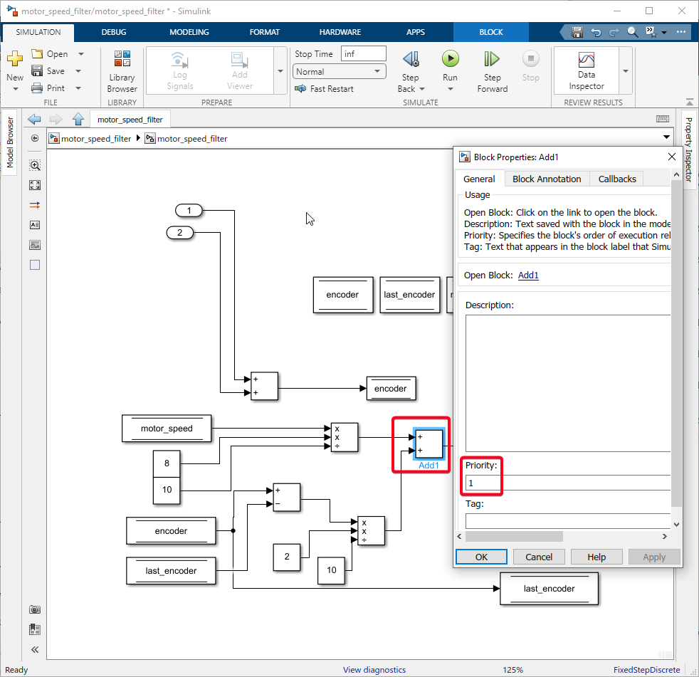 Figure 114:  Set Priority to 1 on Add1 block