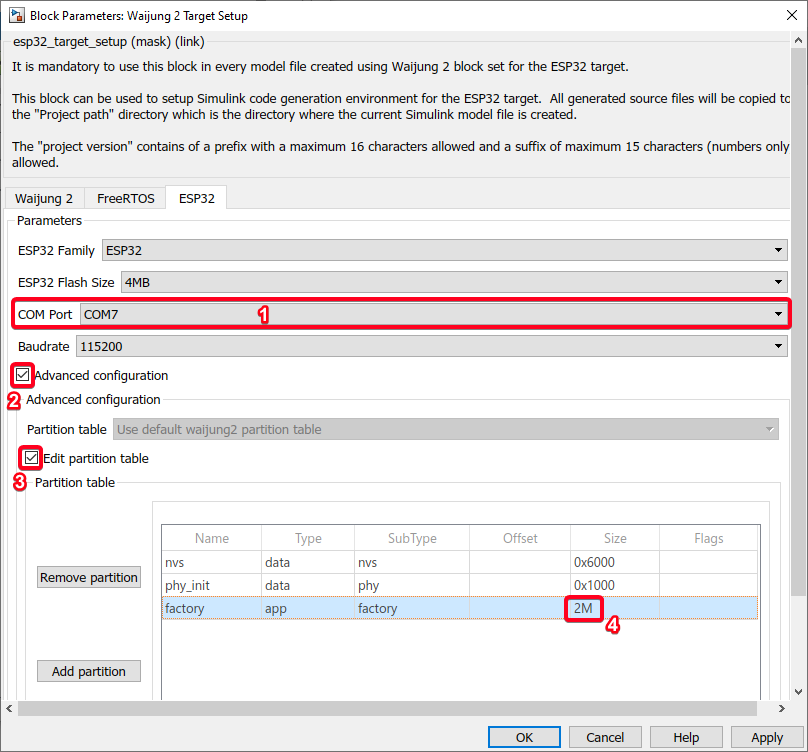 Figure 197:  Select ESP32 COM port and edit partition table