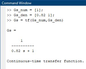 Figure 11: Matlab Commands for Creating the Continuous-time Transfer Function