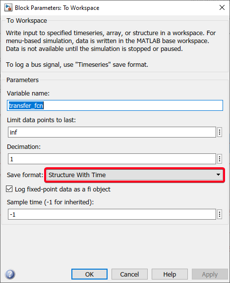 Figure 15: Block parameters of the "To Workspace" block