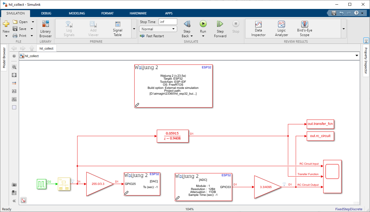 Figure 16: Simulink Hardware-in-the-Loop (HIL) Model Configuration for Collecting Results of Discrete-time Transfer Function (Simulation) and Actual RC Circuit (Plant Only)