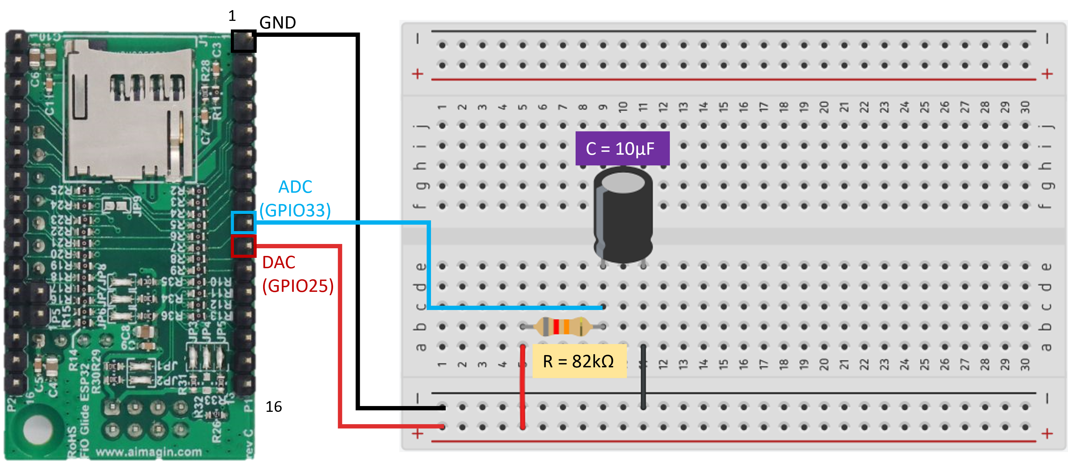 Figure 8: Wiring Connections between an RC Circuit and aMG FiO Glide ESP32